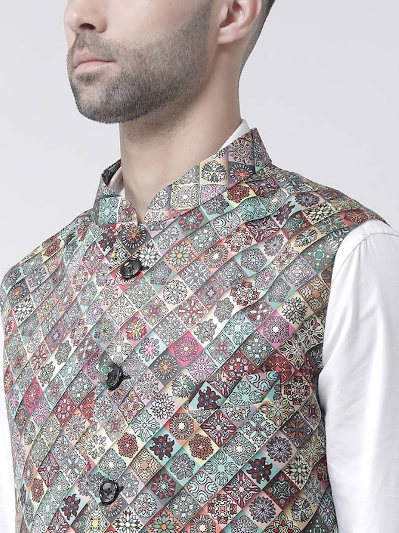 Men's Grey Viscose
 Printed Nehru Jackets