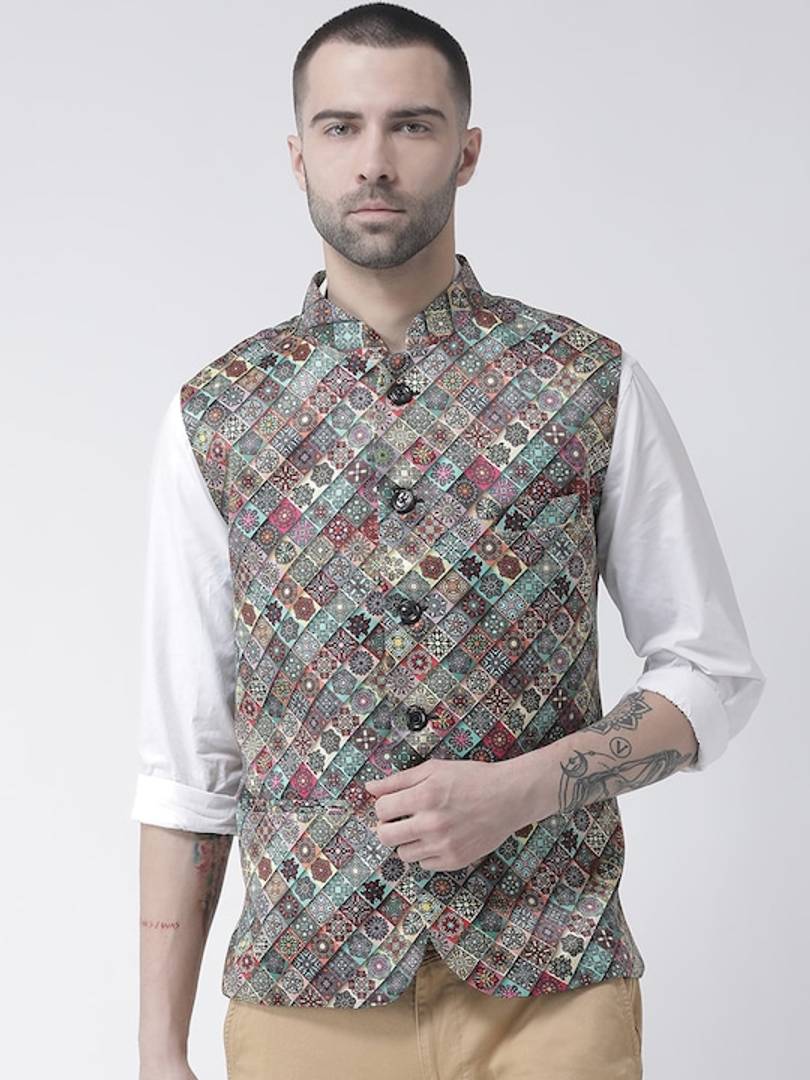 Men's Grey Viscose
 Printed Nehru Jackets