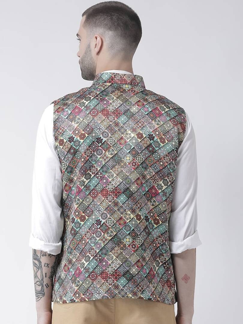 Men's Grey Viscose
 Printed Nehru Jackets