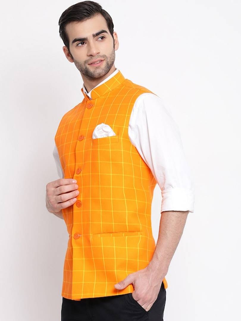 Men's Orange 
Silk Blend
 Checked
 Nehru Jackets