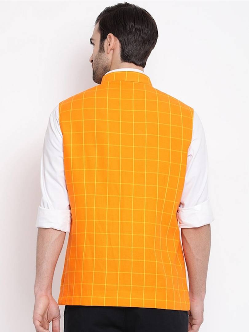 Men's Orange 
Silk Blend
 Checked
 Nehru Jackets