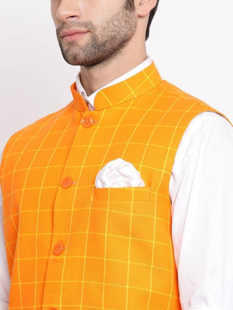 Men's Orange 
Silk Blend
 Checked
 Nehru Jackets