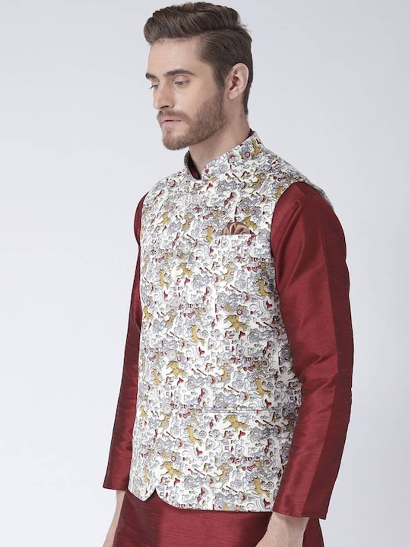 Men's White Viscose
 Printed Nehru Jackets