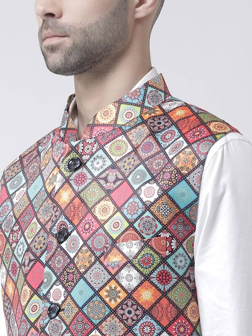 Men's Red Viscose
 Printed Nehru Jackets
