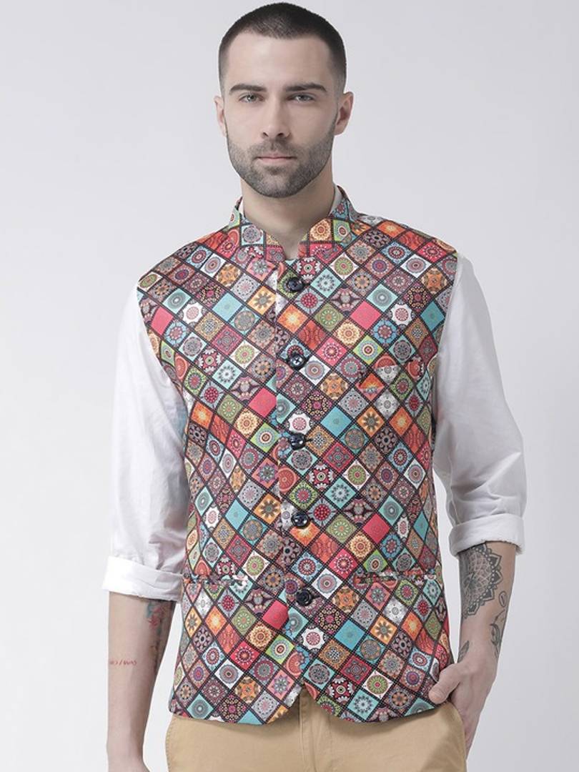 Men's Red Viscose
 Printed Nehru Jackets