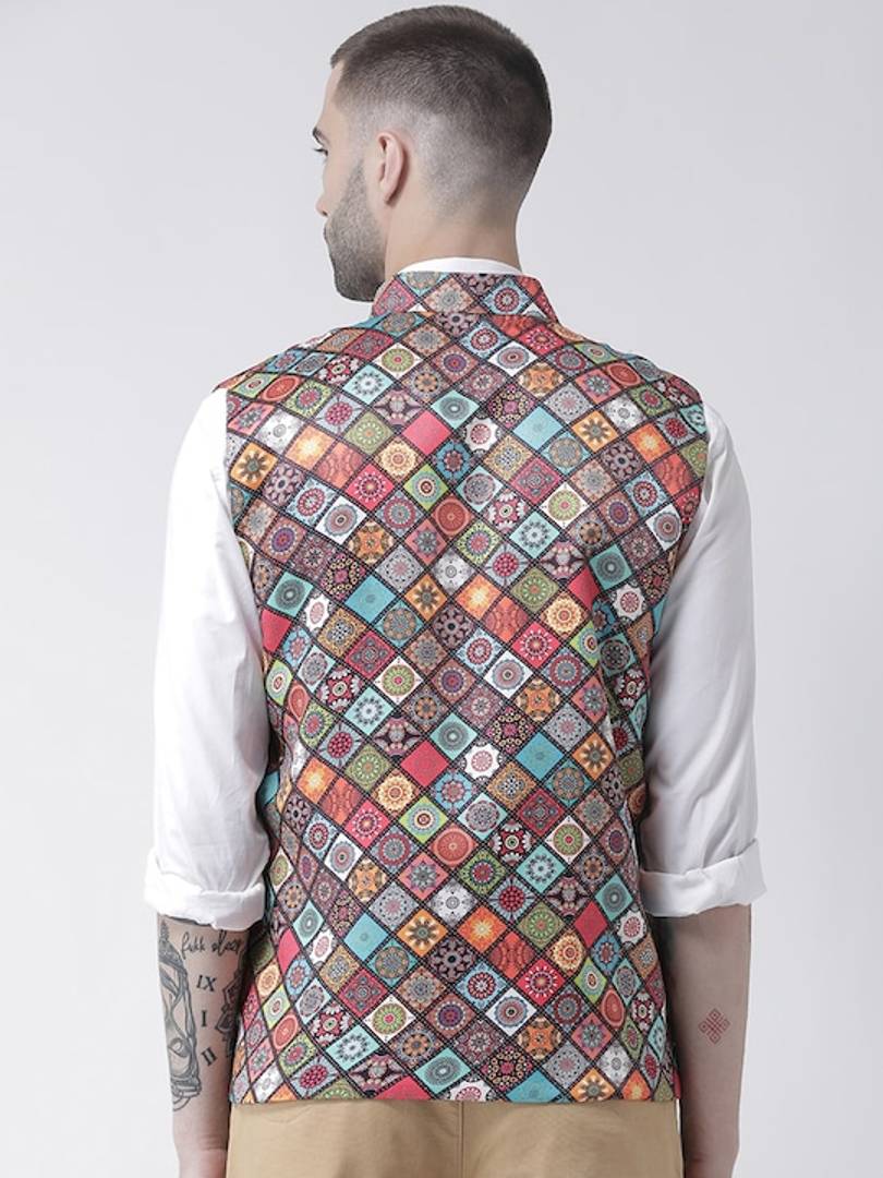 Men's Red Viscose
 Printed Nehru Jackets