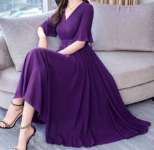 Load image into Gallery viewer, Elite Purple Solid Polyester Long Maxi Dress