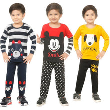 Load image into Gallery viewer, Kid Casual Printed T-Shirt &amp; Trousers Clothing Set II Pack Of 3 ( Navy Blue &amp; Red &amp; Yellow)