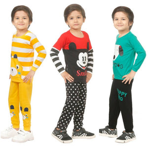 Kid Casual Printed T-Shirt & Trousers Clothing Set II Pack Of 3 ( Green & Yellow & Red)