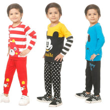 Load image into Gallery viewer, Kid Casual Printed T-Shirt &amp; Trousers Clothing Set II Pack Of 3 ( Red &amp; Yellow &amp; Blue)