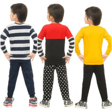 Load image into Gallery viewer, Kid Casual Printed T-Shirt &amp; Trousers Clothing Set II Pack Of 3 ( Navy Blue &amp; Red &amp; Yellow)