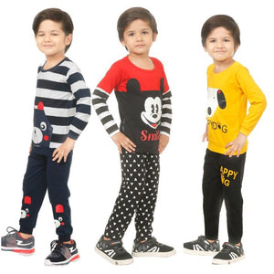 Kid Casual Printed T-Shirt & Trousers Clothing Set II Pack Of 3 ( Navy Blue & Red & Yellow)