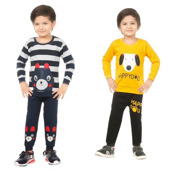 Kid Casual Printed T-Shirt & Trousers Clothing Set II Pack Of 2 (  Navy Blue & Yellow)