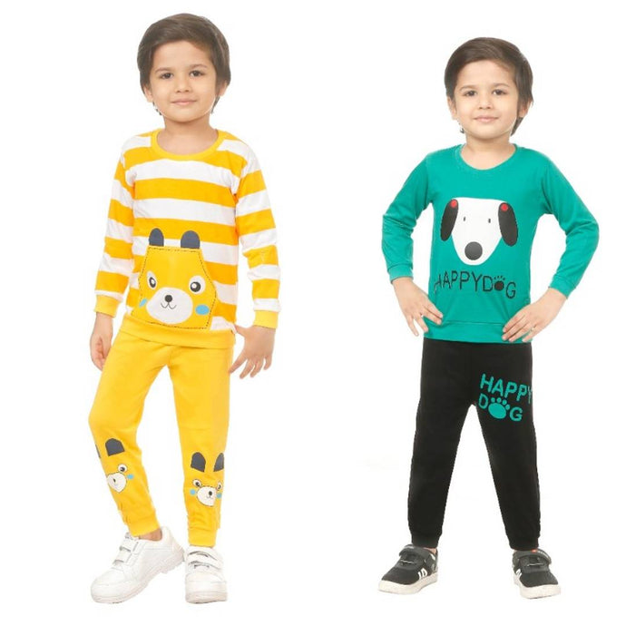 Kid Casual Printed T-Shirt & Trousers Clothing Set II Pack Of 2 ( Green & Yellow)