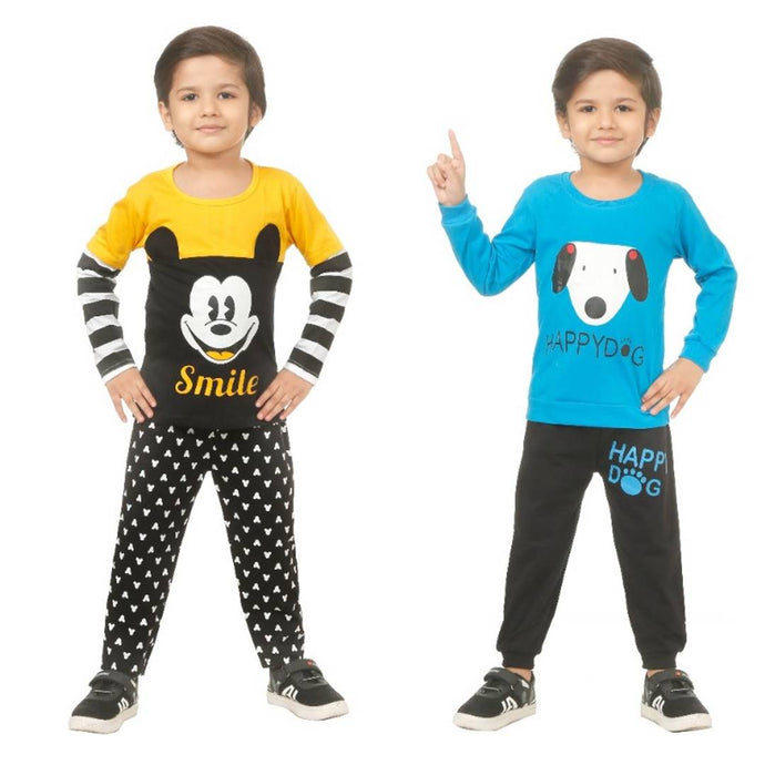 Kid Casual Printed T-Shirt & Trousers Clothing Set II Pack Of 2 ( Blue & Yellow)