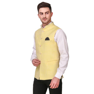Stylish Cotton Yellow Solid Ethnic Waistcoat For Men