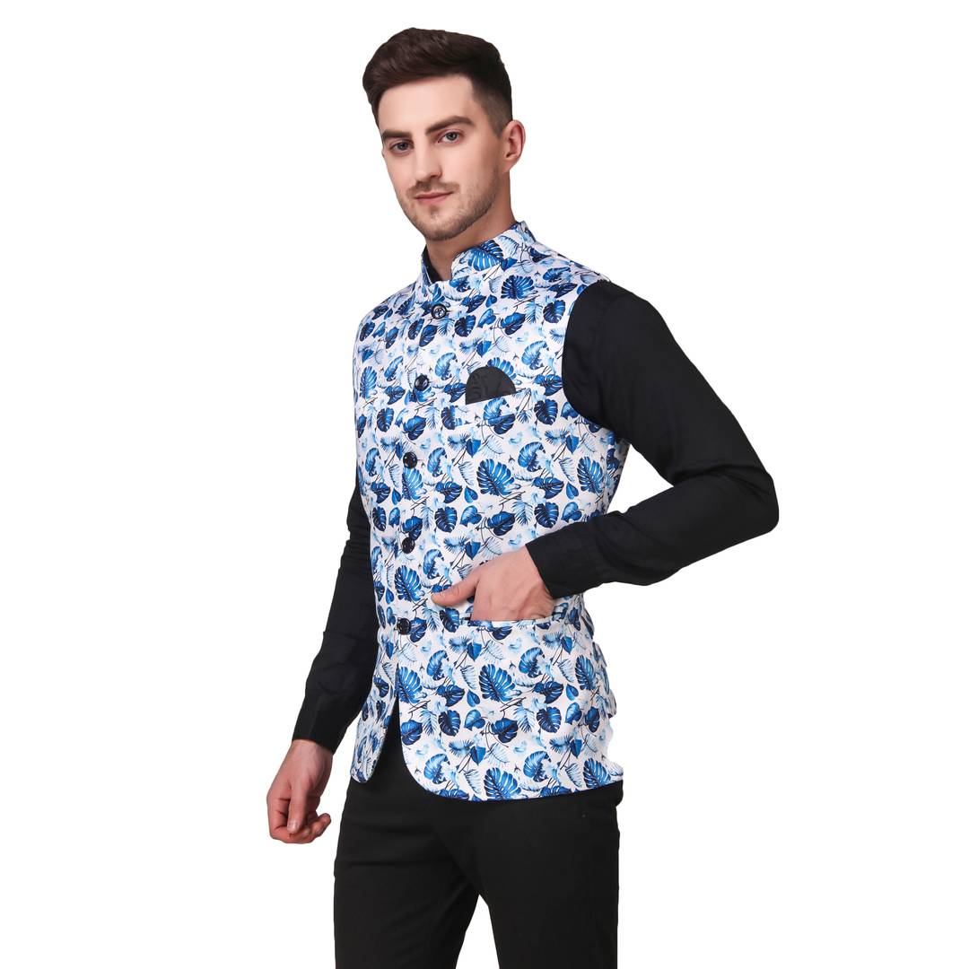 Stylish Cotton White Printed Ethnic Waistcoat For Men