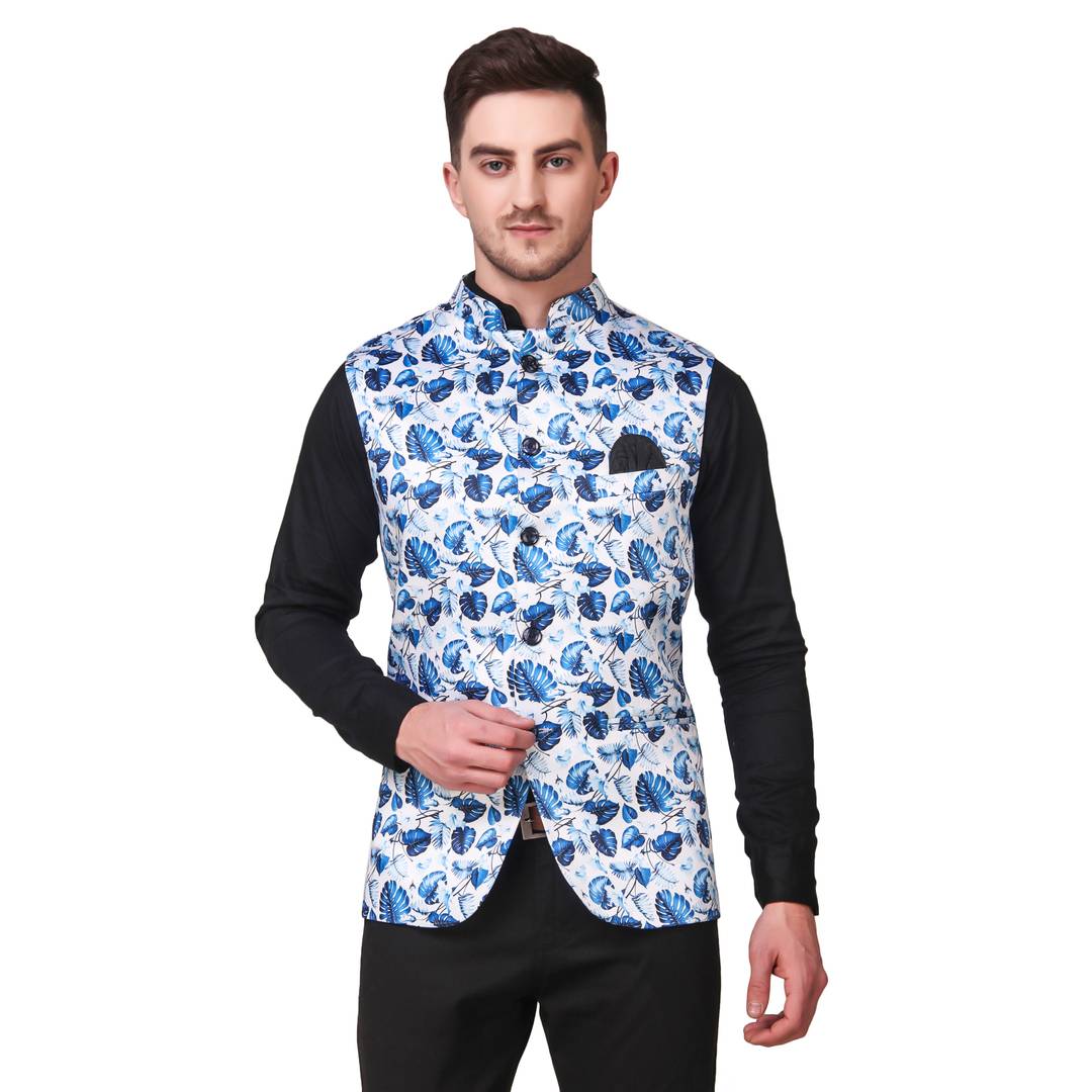 Stylish Cotton White Printed Ethnic Waistcoat For Men