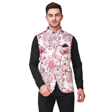 Stylish Cotton Multicoloured Floral Printed Ethnic Waistcoat For Men