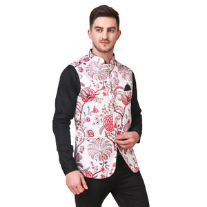 Stylish Cotton Multicoloured Floral Printed Ethnic Waistcoat For Men