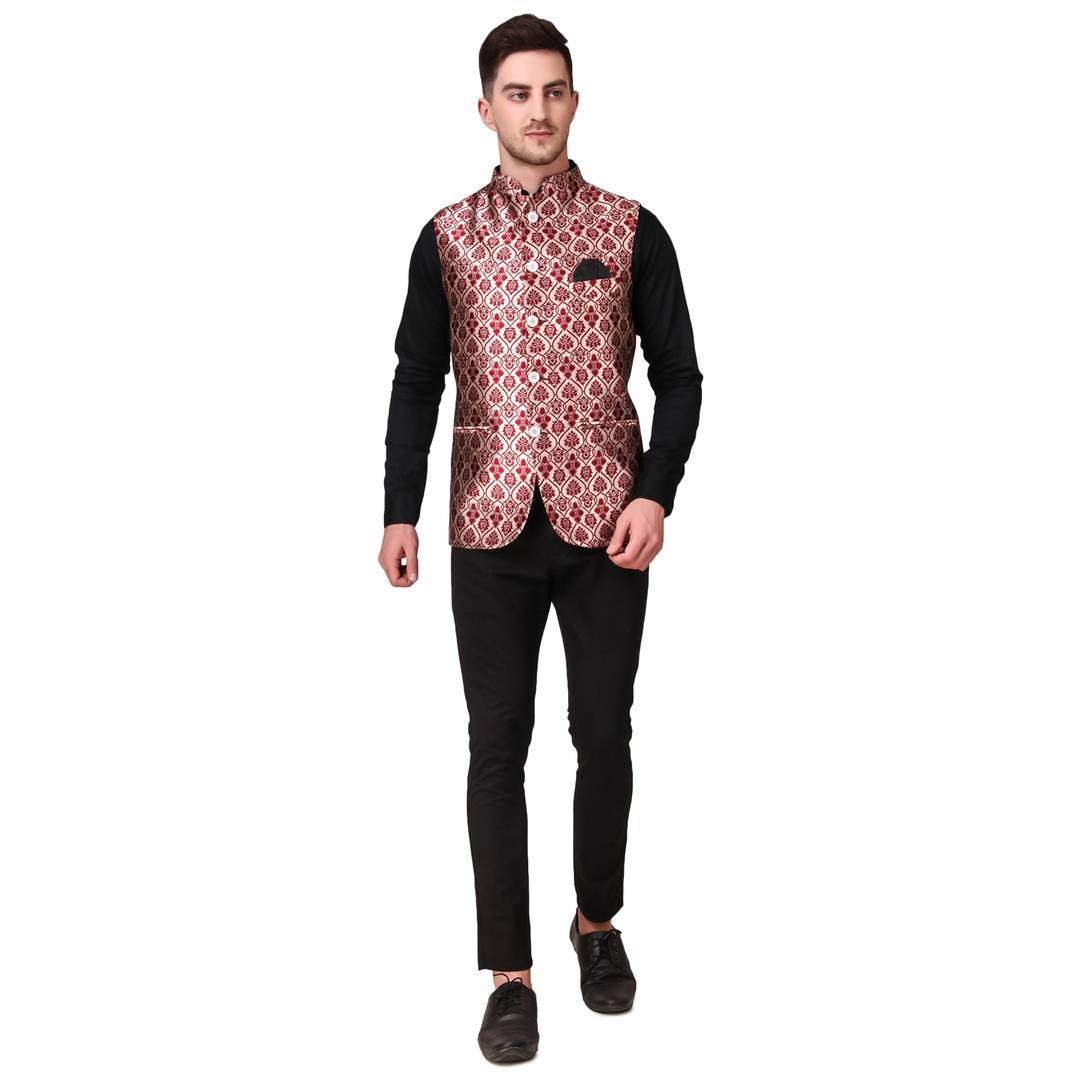 Stylish Cotton Maroon Printed Ethnic Waistcoat For Men