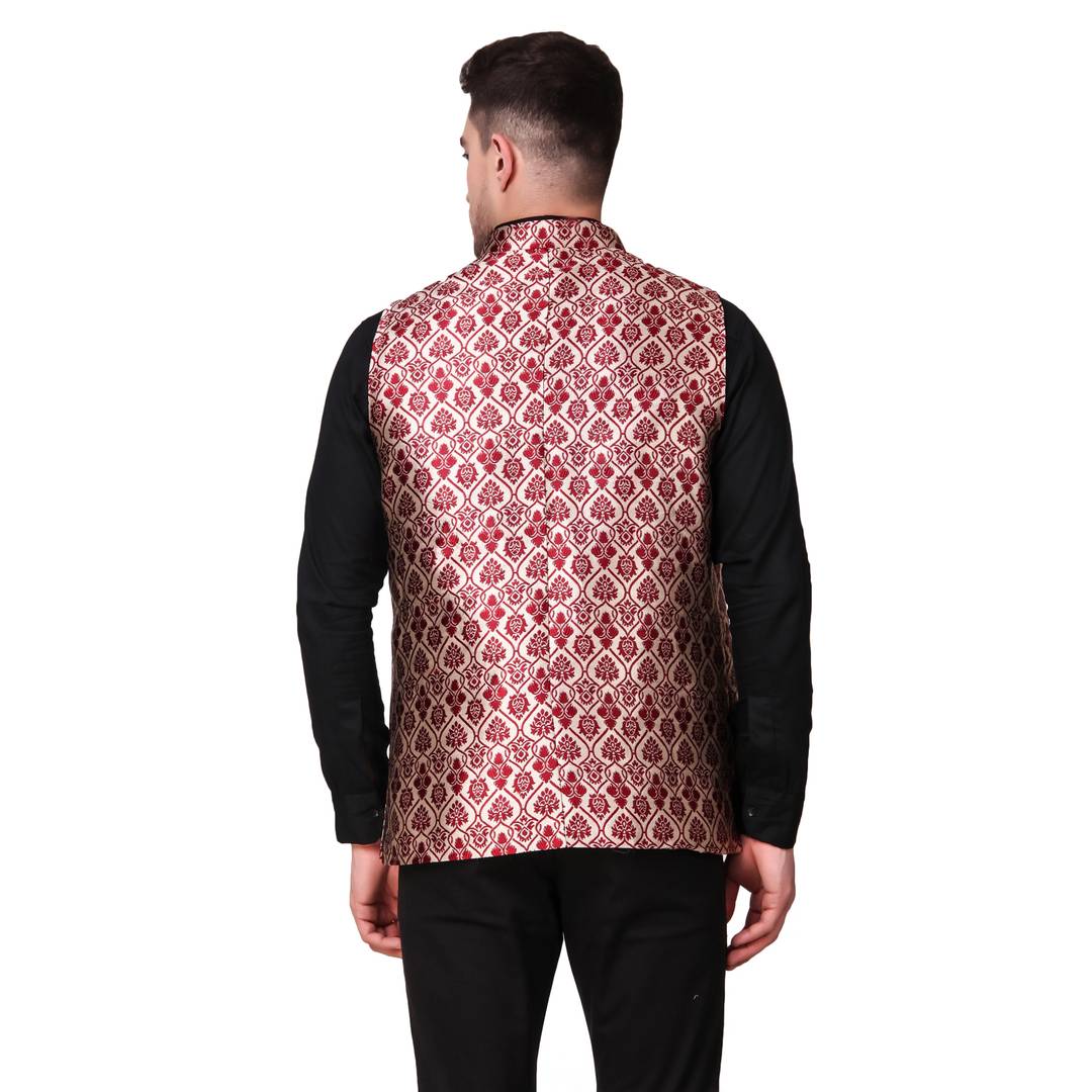 Stylish Cotton Maroon Printed Ethnic Waistcoat For Men