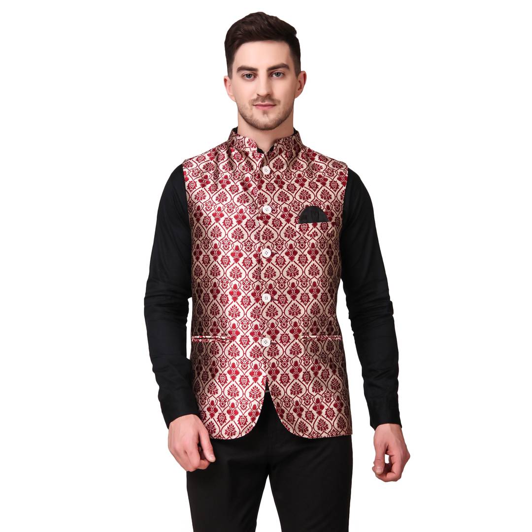 Stylish Cotton Maroon Printed Ethnic Waistcoat For Men
