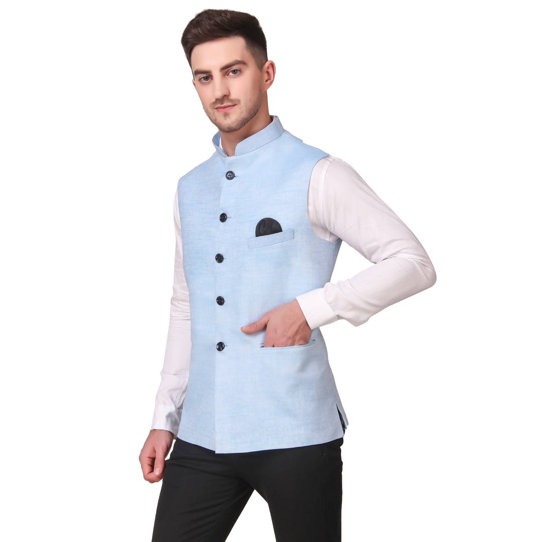 Stylish Cotton Blue Solid Ethnic Waistcoat For Men