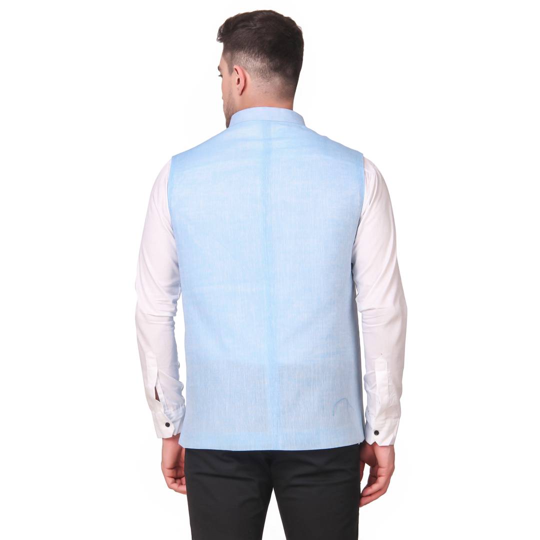 Stylish Cotton Blue Solid Ethnic Waistcoat For Men