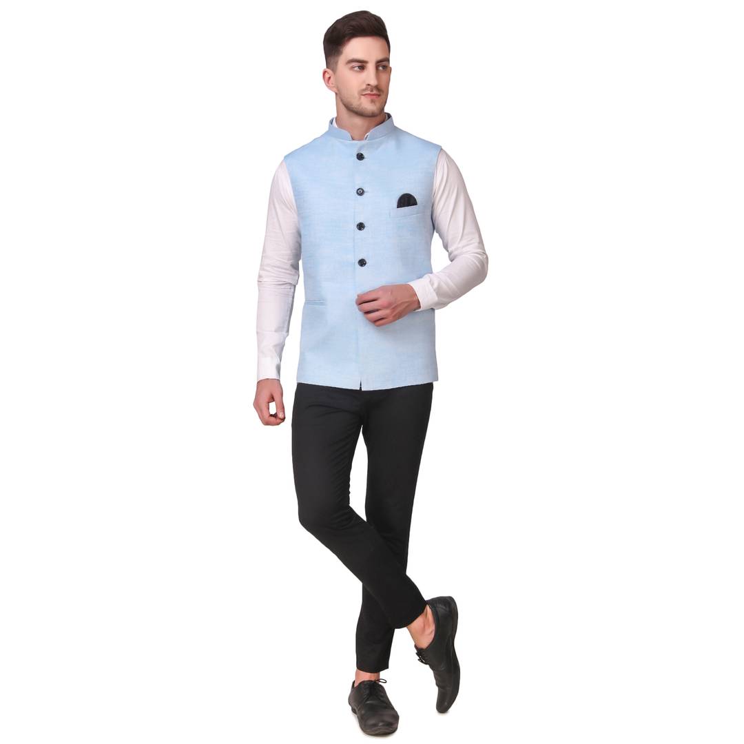 Stylish Cotton Blue Solid Ethnic Waistcoat For Men