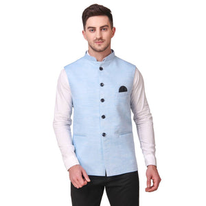Stylish Cotton Blue Solid Ethnic Waistcoat For Men