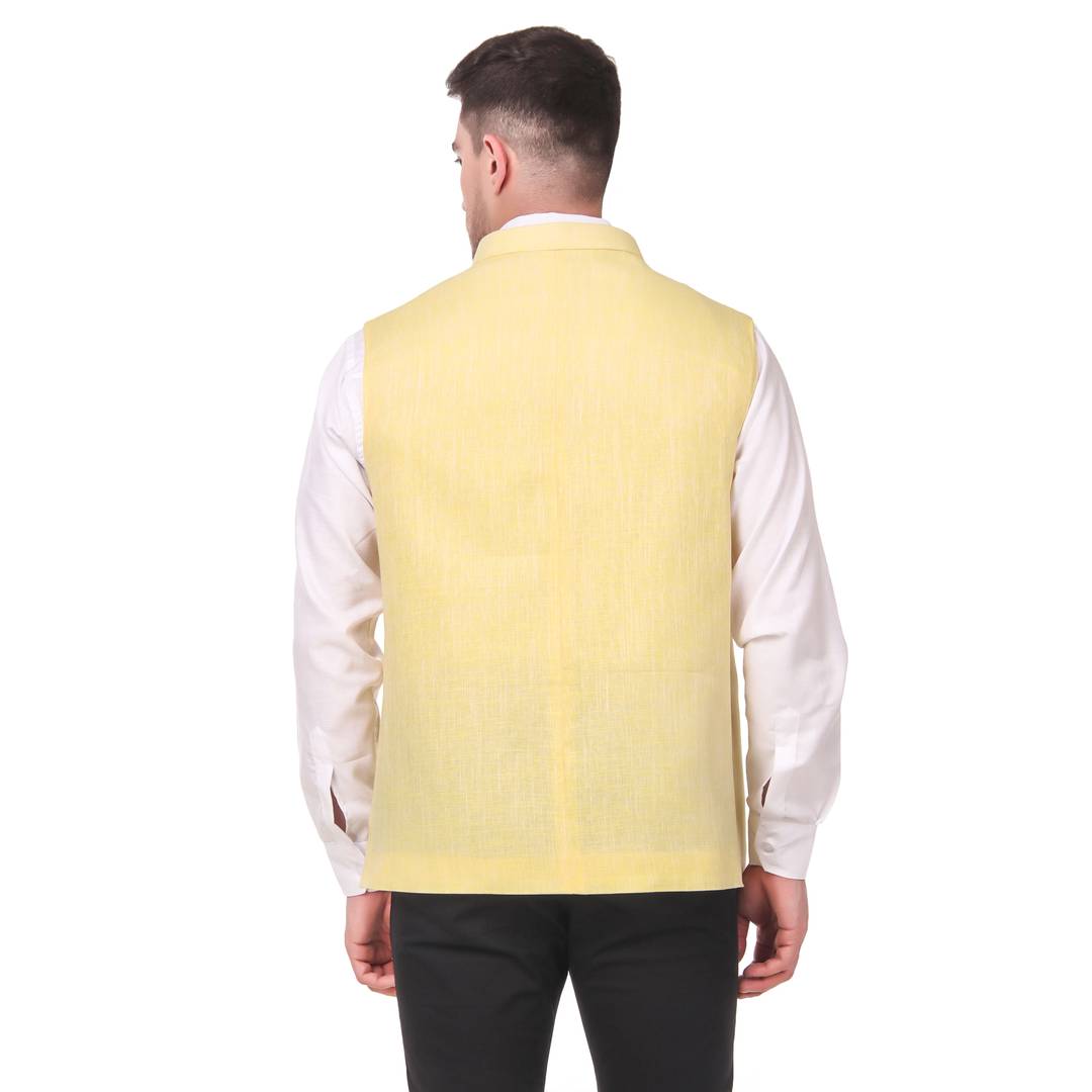 Stylish Cotton Yellow Solid Ethnic Waistcoat For Men