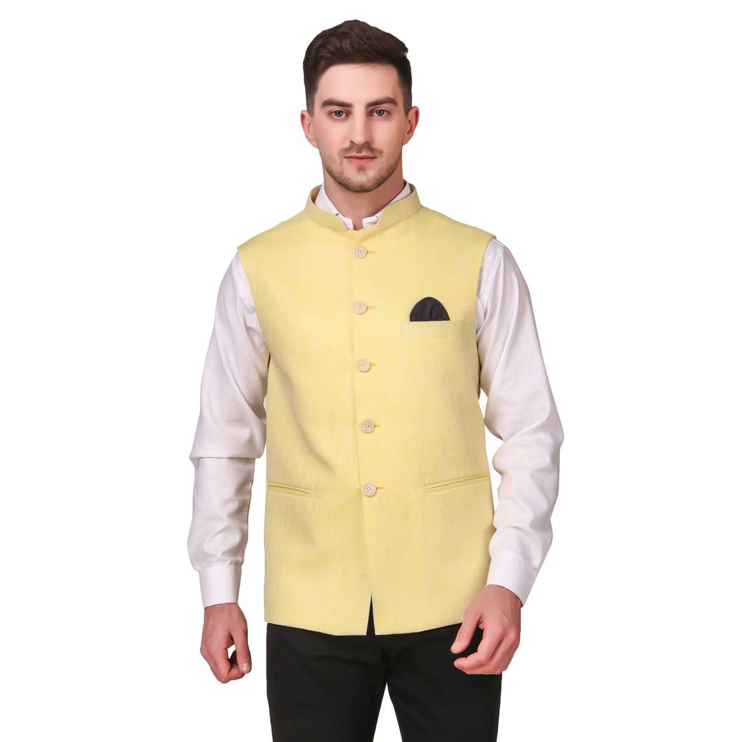 Stylish Cotton Yellow Solid Ethnic Waistcoat For Men