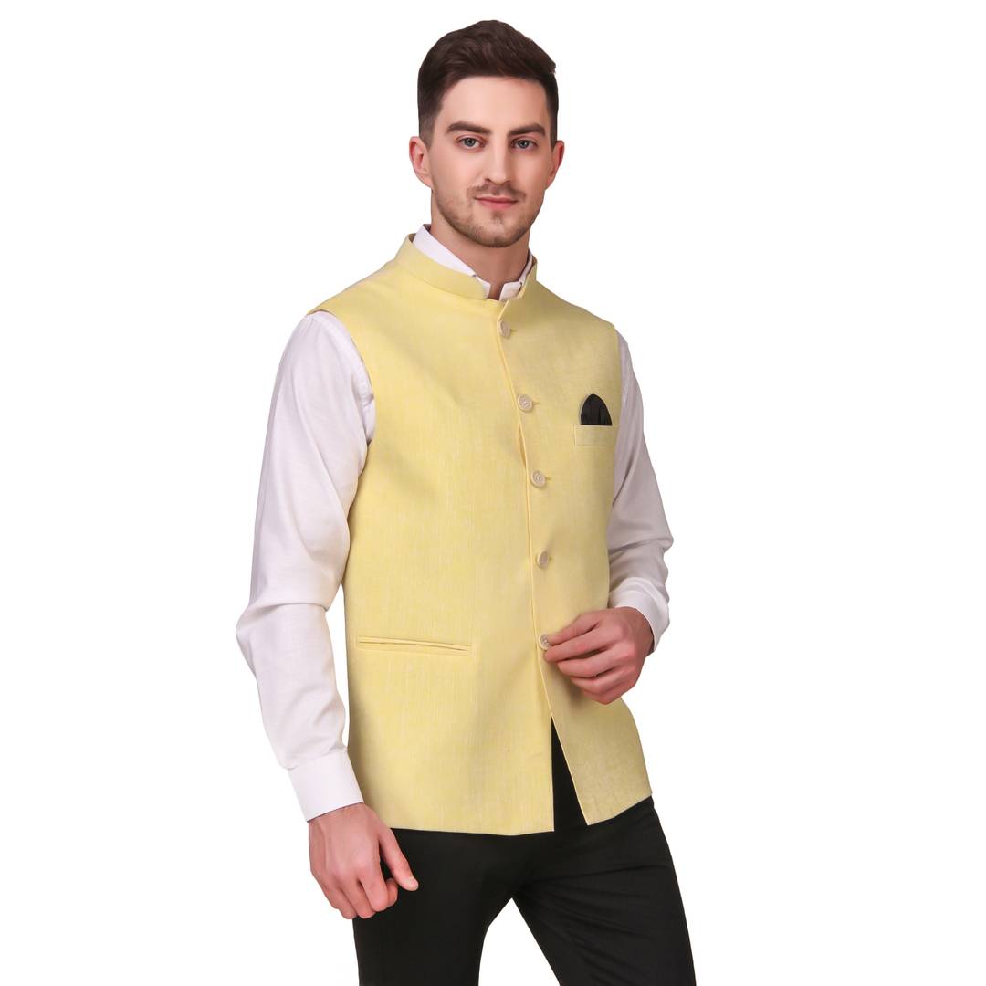 Stylish Cotton Yellow Solid Ethnic Waistcoat For Men