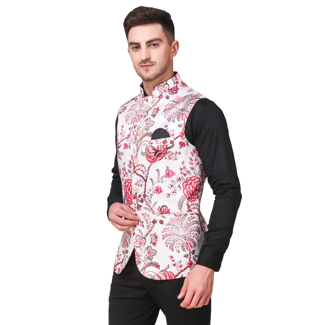 Stylish Cotton Multicoloured Floral Printed Ethnic Waistcoat For Men