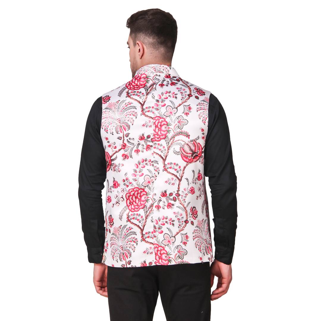 Stylish Cotton Multicoloured Floral Printed Ethnic Waistcoat For Men