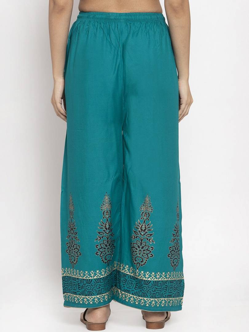 Women Turquoise Blue Printed Straight Palazzos