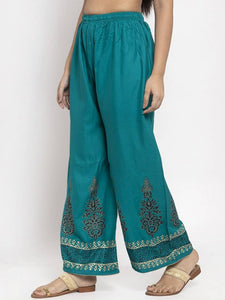 Women Turquoise Blue Printed Straight Palazzos