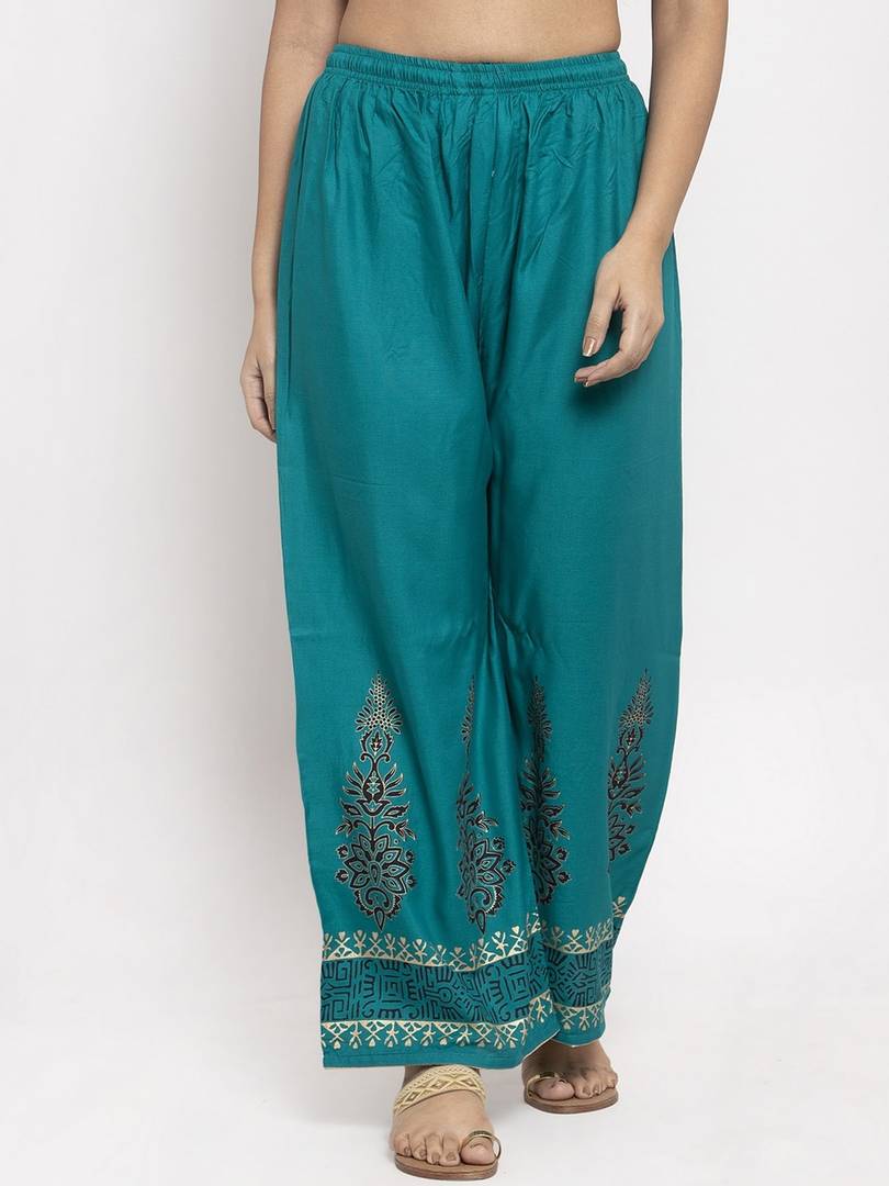 Women Turquoise Blue Printed Straight Palazzos