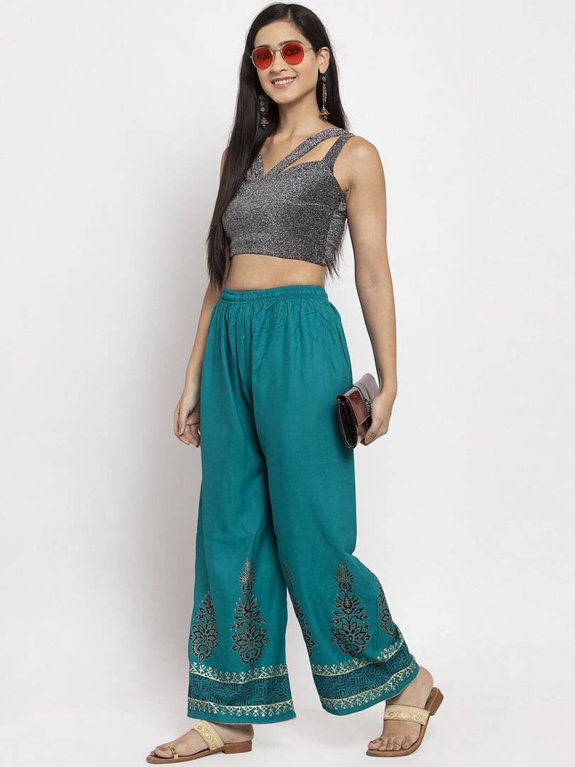 Women Turquoise Blue Printed Straight Palazzos