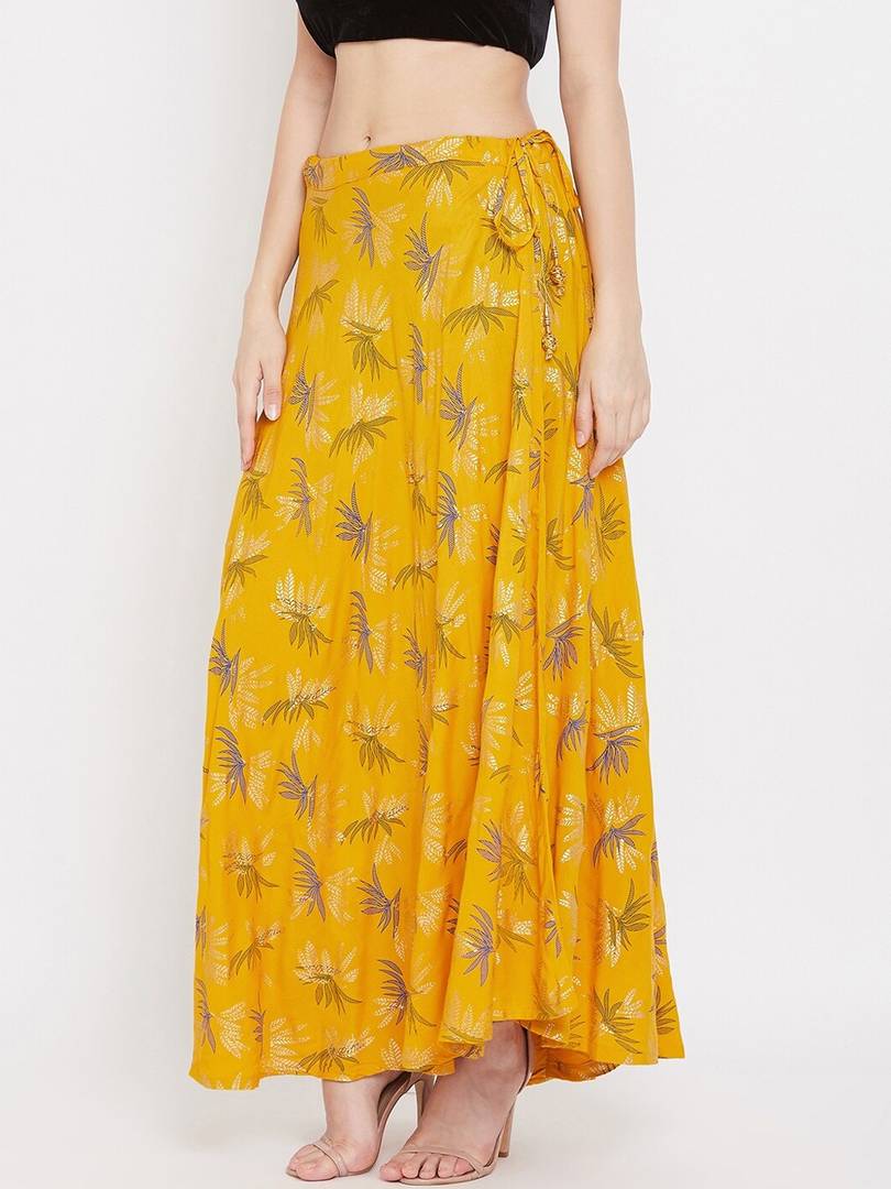 Women Mustard Yellow & White Printed Flared Maxi Skirt