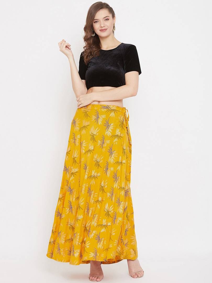 Women Mustard Yellow & White Printed Flared Maxi Skirt