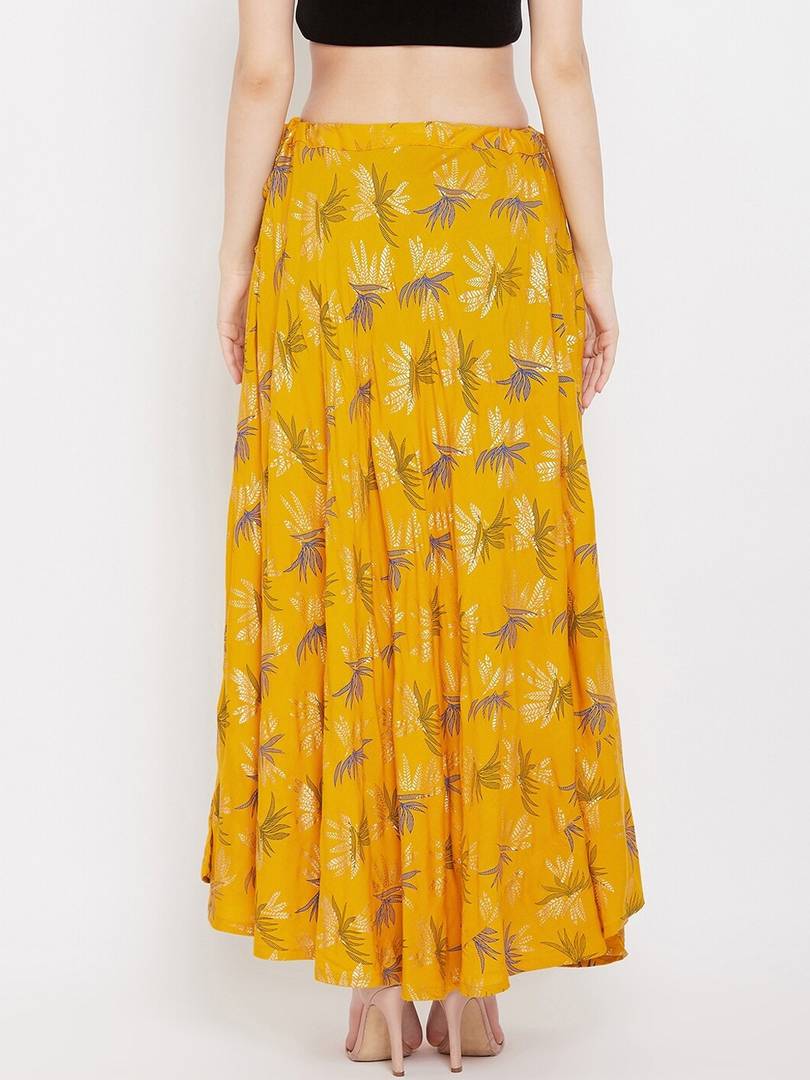 Women Mustard Yellow & White Printed Flared Maxi Skirt