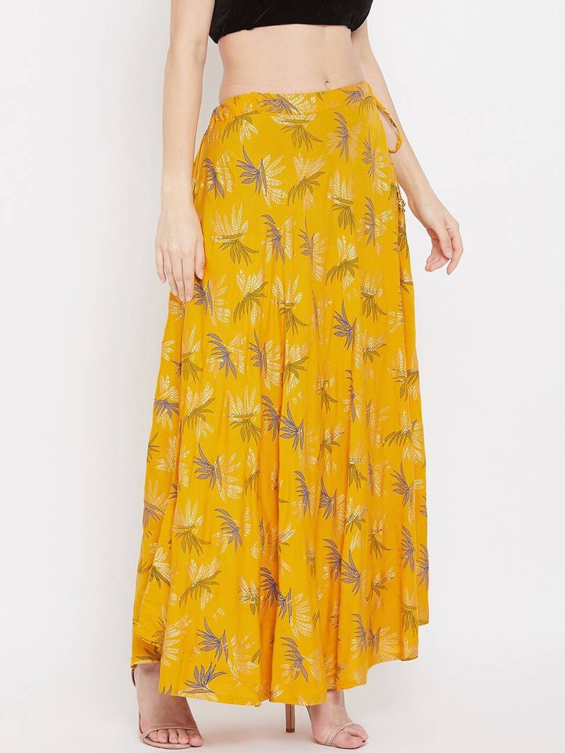 Women Mustard Yellow & White Printed Flared Maxi Skirt