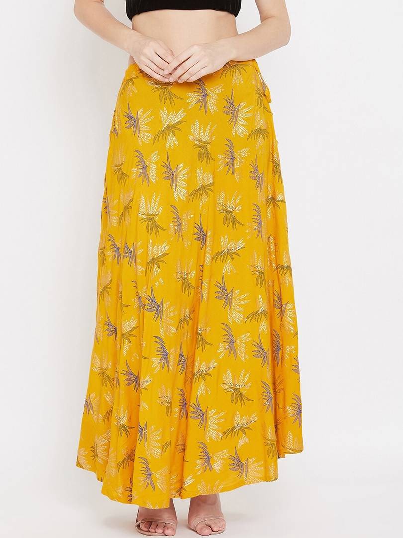 Women Mustard Yellow & White Printed Flared Maxi Skirt