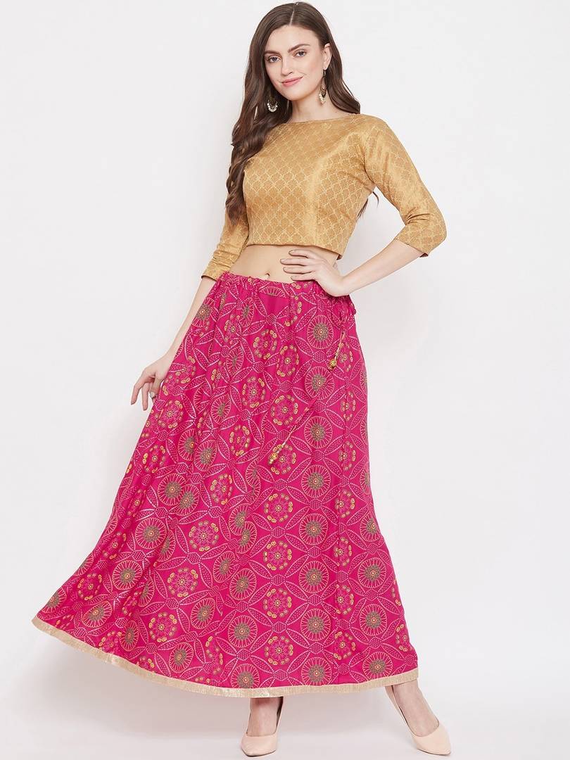 Women Magenta Pink & Green Printed Flared Maxi Skirt