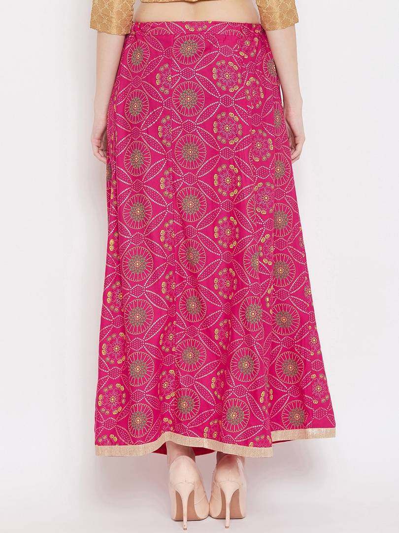 Women Magenta Pink & Green Printed Flared Maxi Skirt