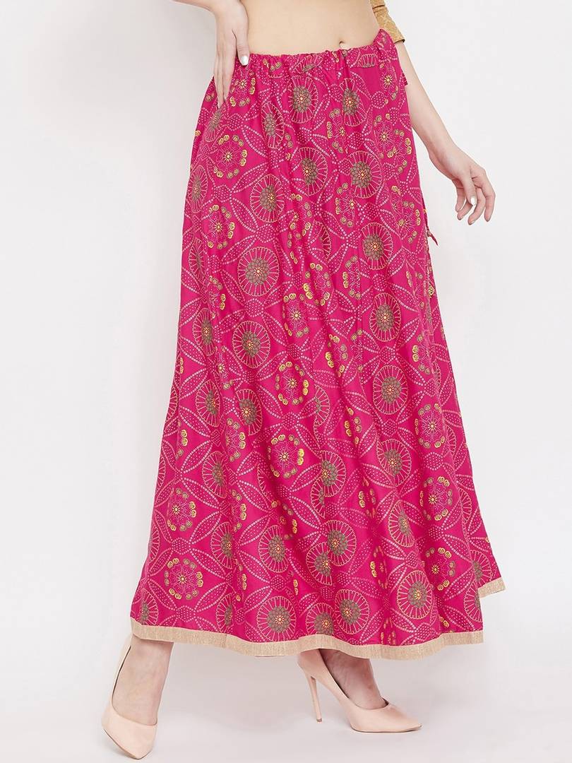 Women Magenta Pink & Green Printed Flared Maxi Skirt