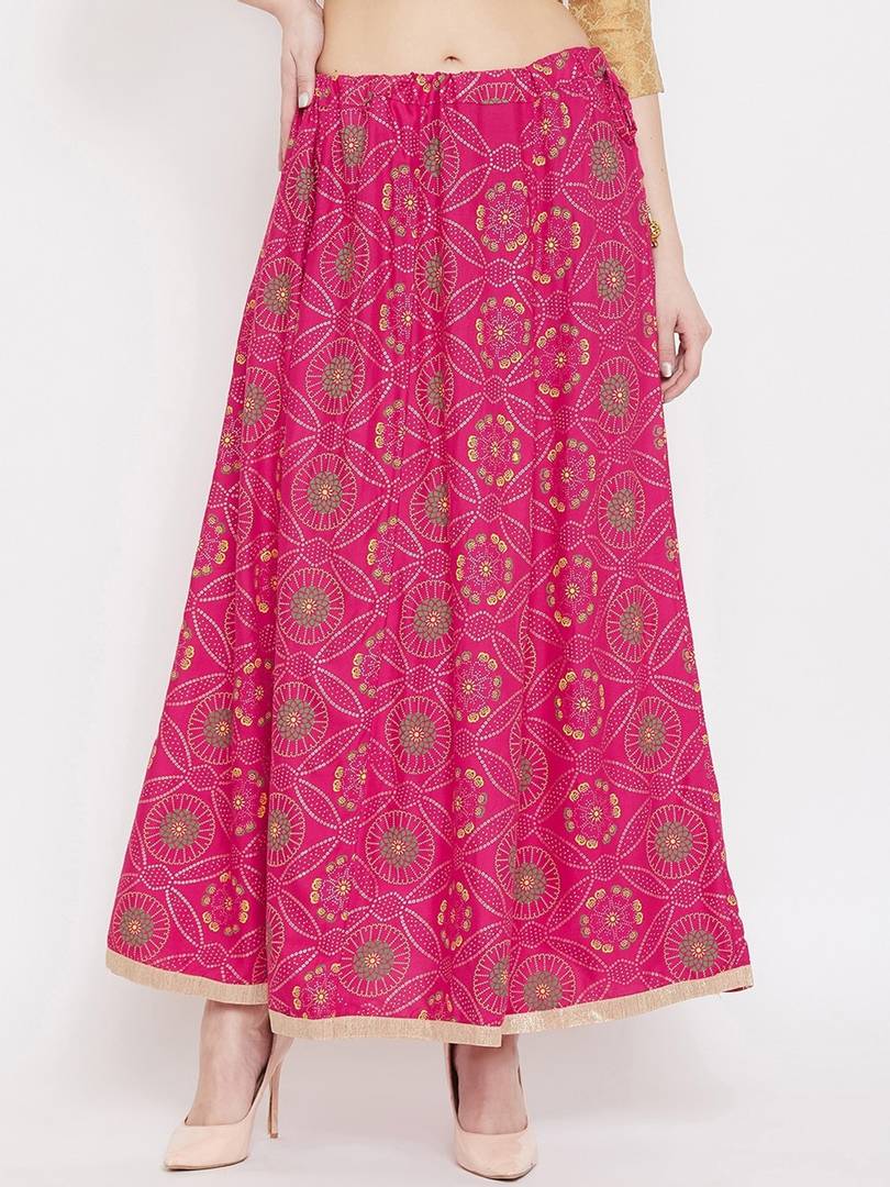 Women Magenta Pink & Green Printed Flared Maxi Skirt