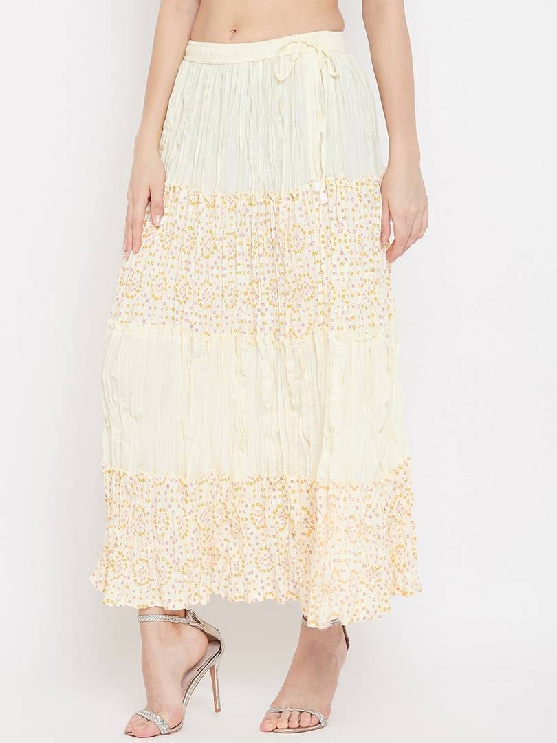 Women Cream-Coloured & Yellow Printed Flared Maxi Skirt